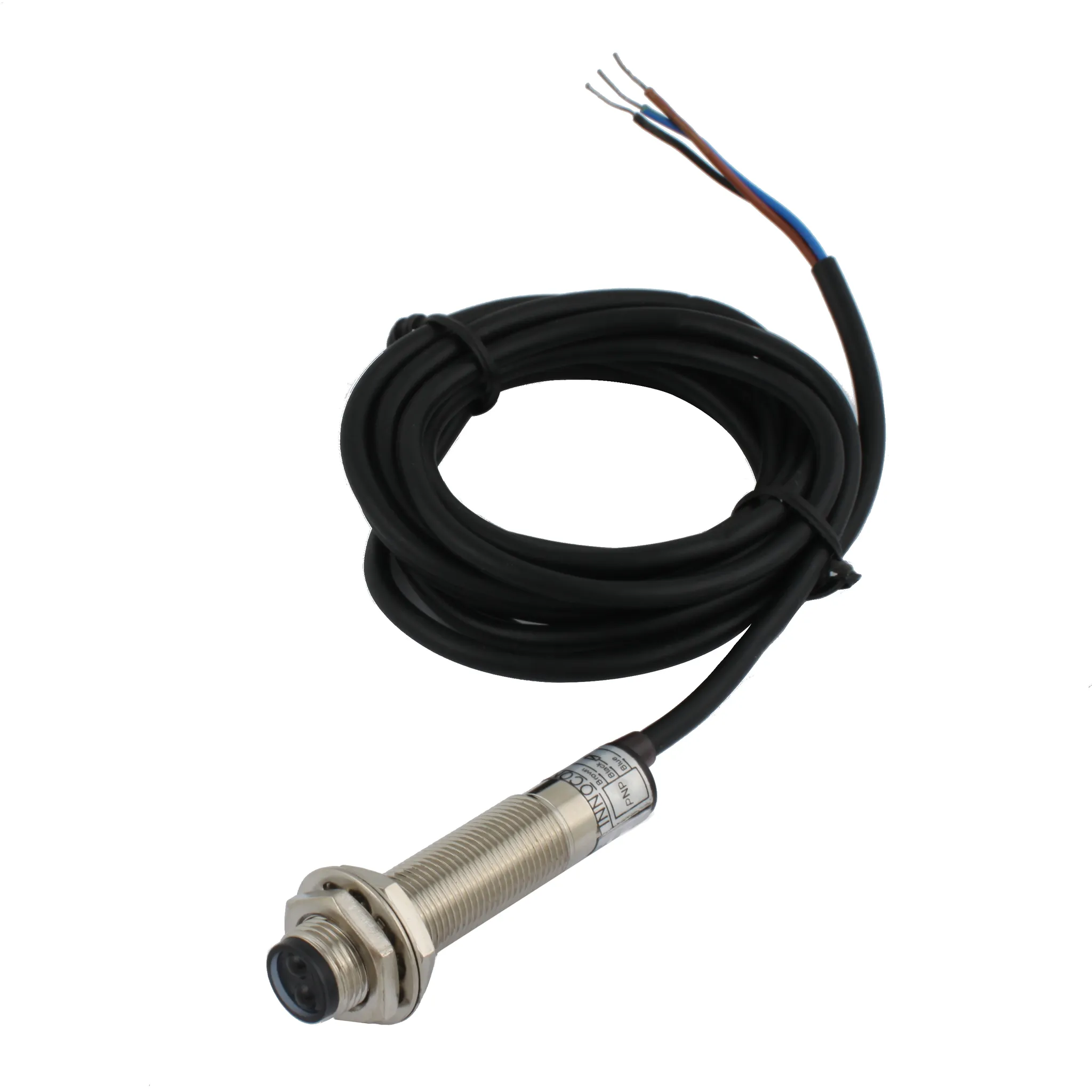 INNOCONT Фотодатчик диффузионный, М12x1, зона срабатывания до 10 см, -10 +60 С, 12…24 VDC, IP67, выход: PNP NO, макс. ток 200 мА, время реакции 3 мс, кабель 2 м PES-D12-PO10D