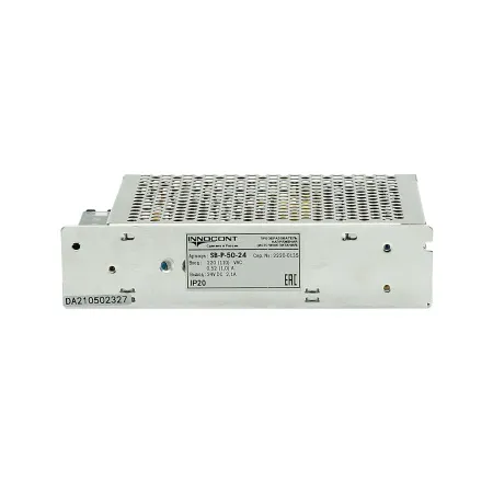 Источник питания INNOCONT. Вход: 220VAC, 0.52А, выход: 50W, 24VDC, 2.1A,-10 +50С, IP20, типы защиты: КЗ, перегрузка, перенапряжение SB-P-50-24